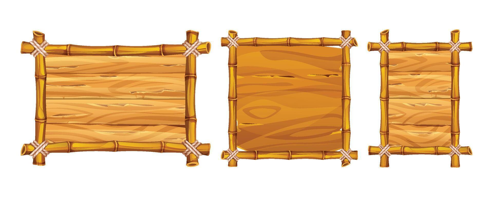 Collection of bamboo frames with wooden backgrounds in different shapes, including rectangular and square. Cartoon illustration vector