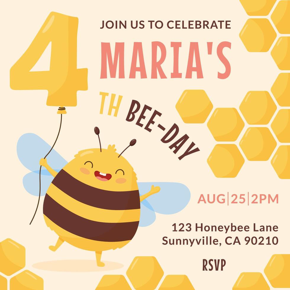 Birthday invitation template with kawaii happy bee and honeycomb. Cute bumblebee holds balloon shape number four. Cartoon flat illustration vector