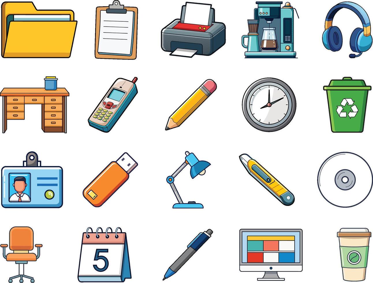 Icon Set of Office Essentials Work Tools and Equipment Collection vector