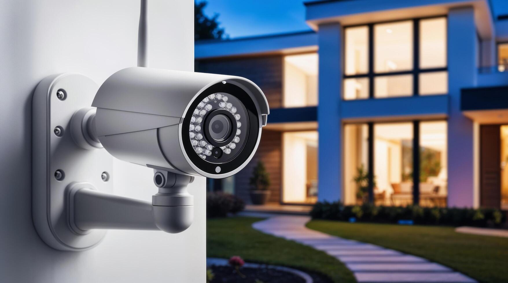 Home Security Camera Mounted on White Wall with Modern House in Background photo