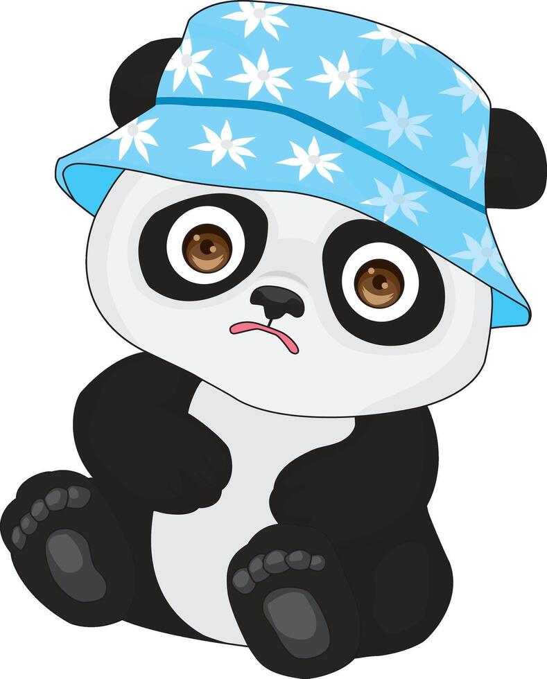 Cute Confused Panda Wearing Floral Bucket Hat Mascot vector