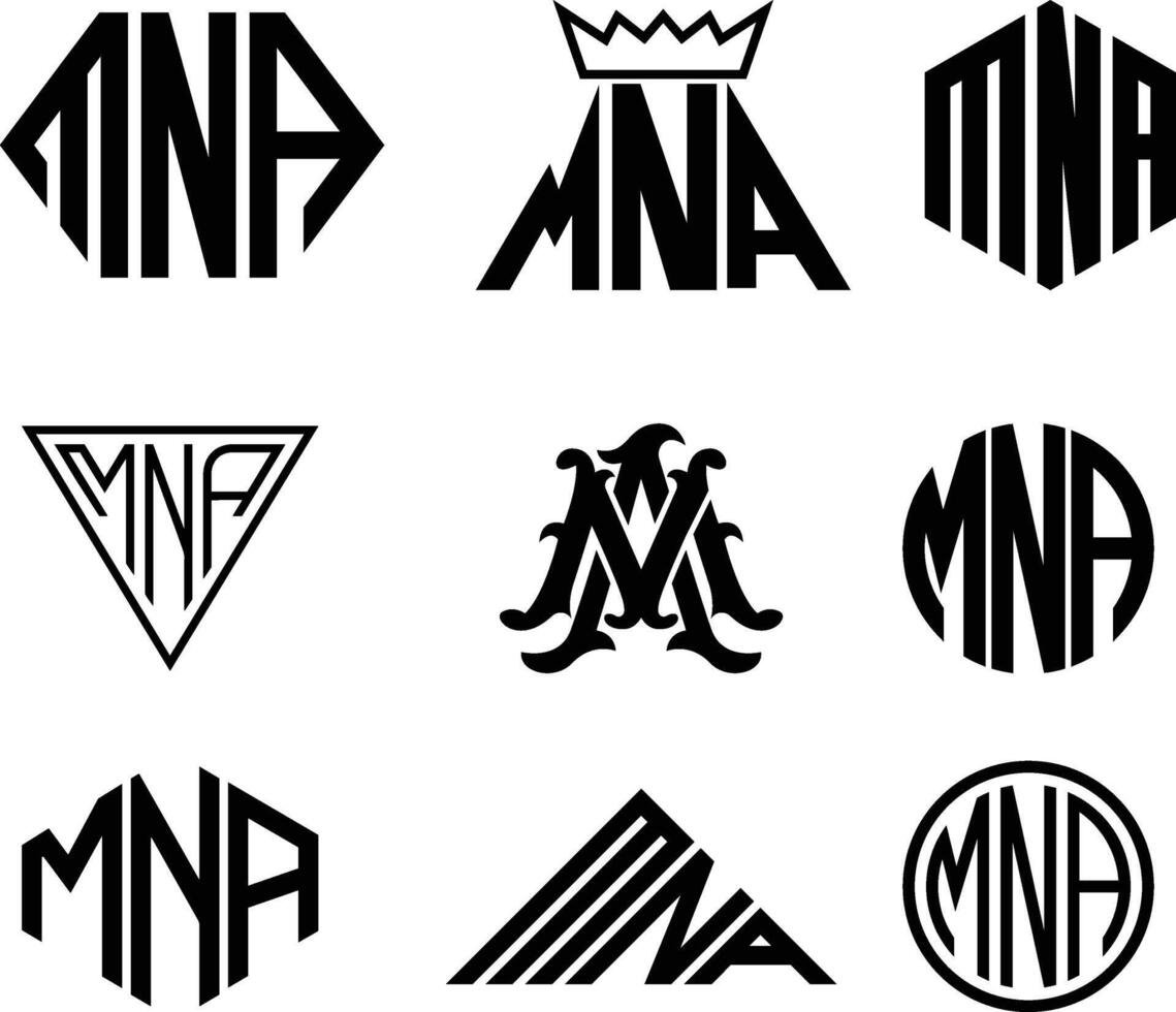 Initial letter MNA with triangle, polygonal, circle monogram logo design vector