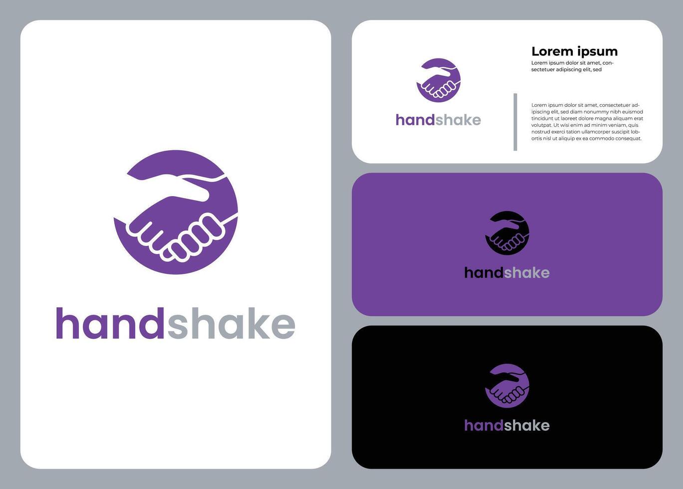 Handshake logo design symbolizing trust, partnership, and collaboration in bold purple and grey colours vector