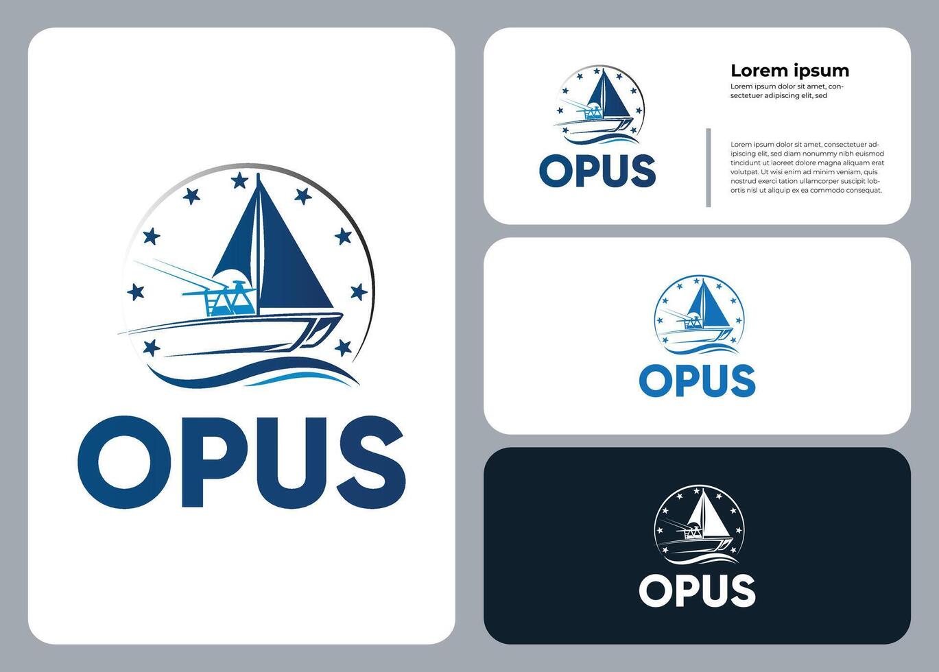 Opus logo featuring a sailing boat with stars and ocean wave elements vector