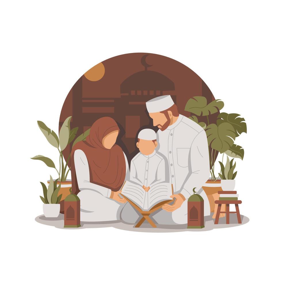 portrait of Muslim parents teaching their child to read the al quran isolated flat design illustration vector
