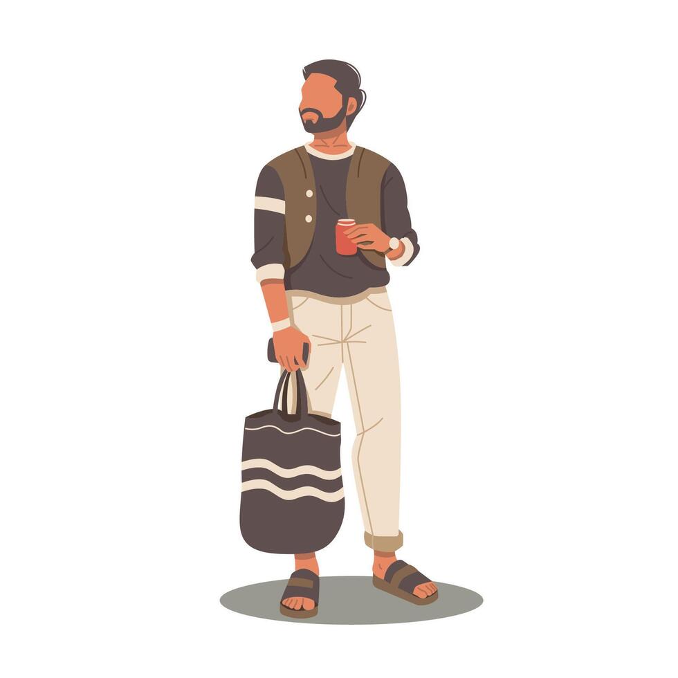 handsome man character standing hold bag and coffee flat design vector