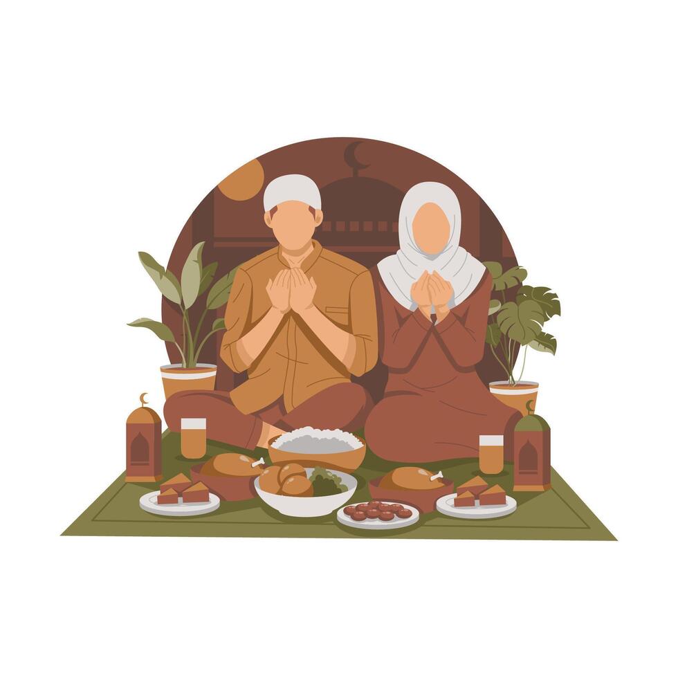 portrait of a muslim couple praying before iftar isolated flat design illustration vector