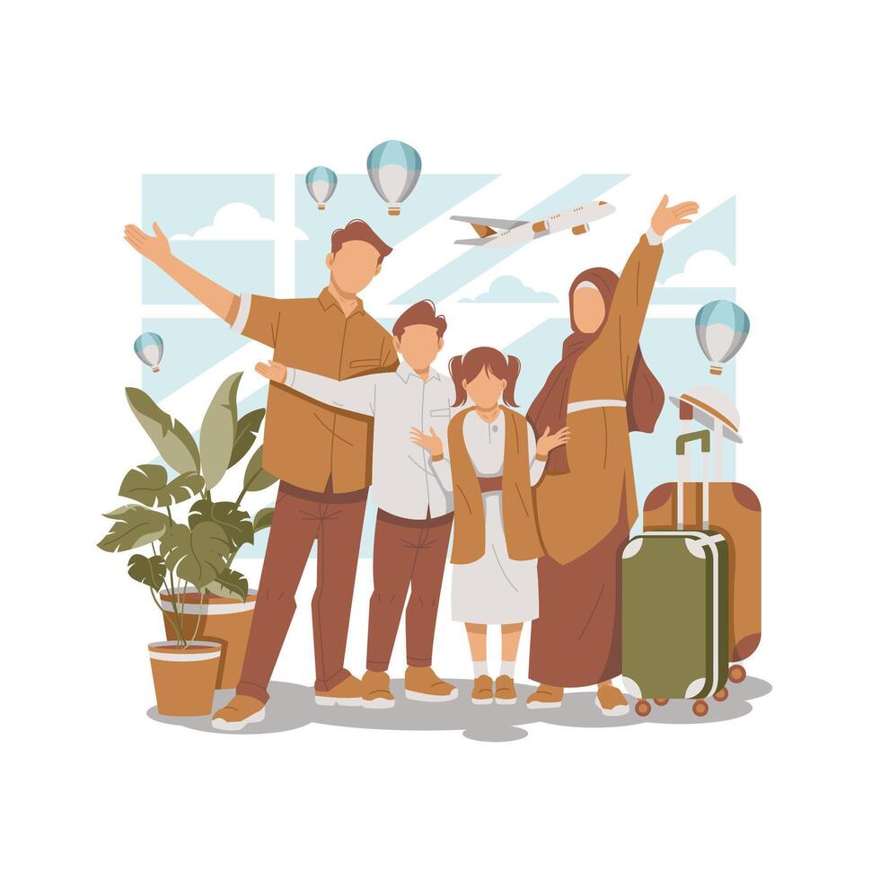portrait of a Muslim family ready for recreation flat design illustration vector