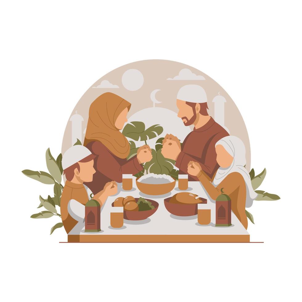 portrait of a Muslim family praying before iftar isolated flat design illustration vector