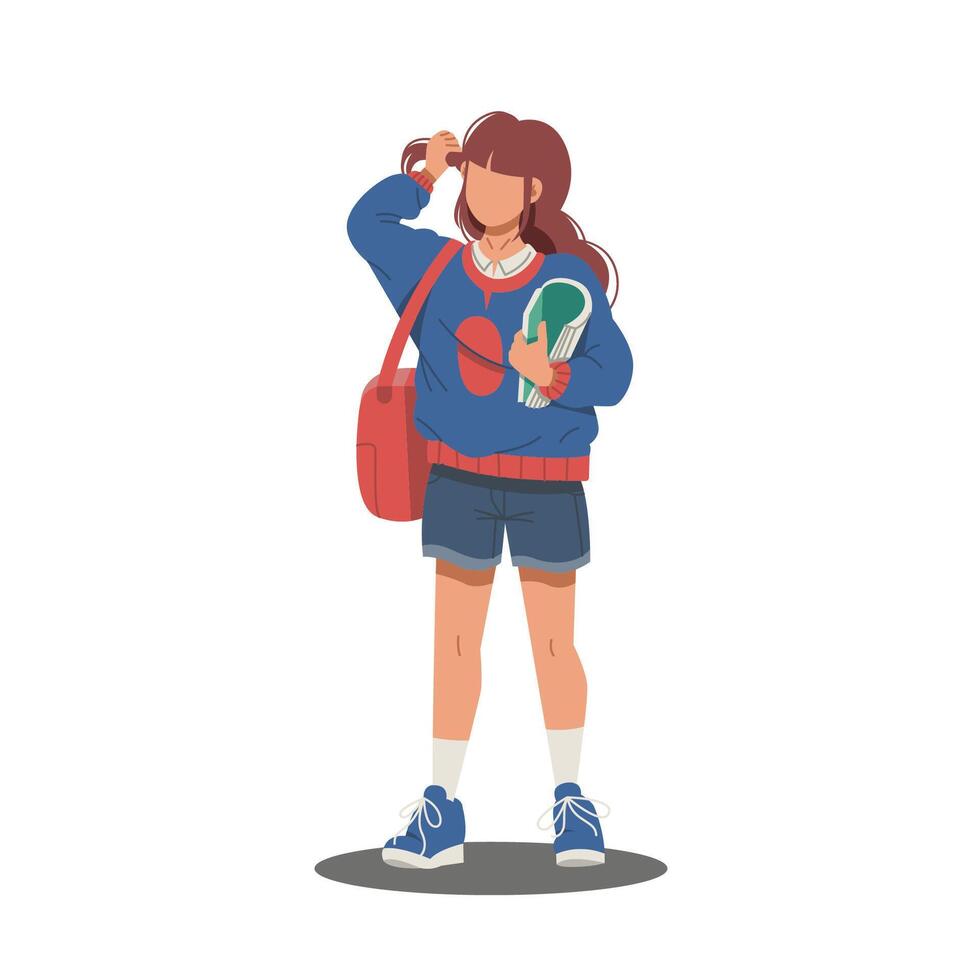 cute girl standing hold book and bag flat design illustration vector