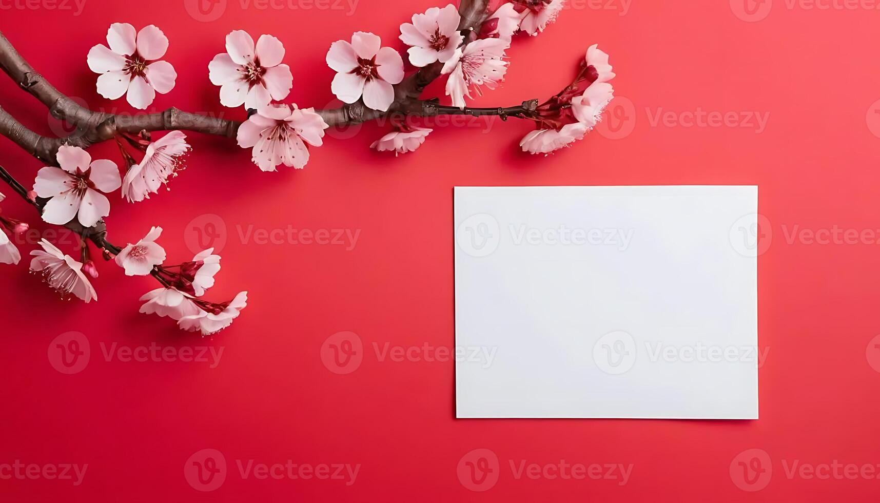 Sakura Spring Congratulations Card Template Blank Red Festive Background with Delicate Branch asian photo