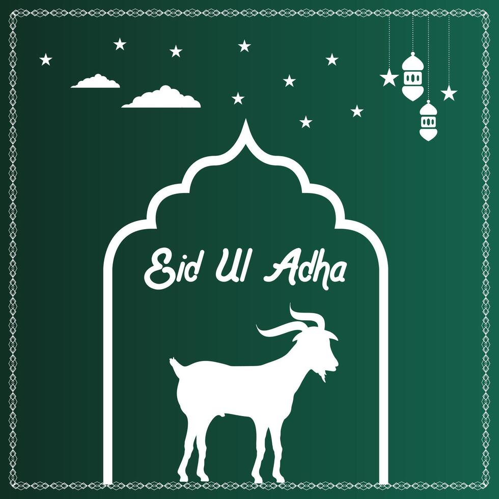 Qurban in Eid Al Adha Mubarak with Mosque, Stars and Goat as Background. vector
