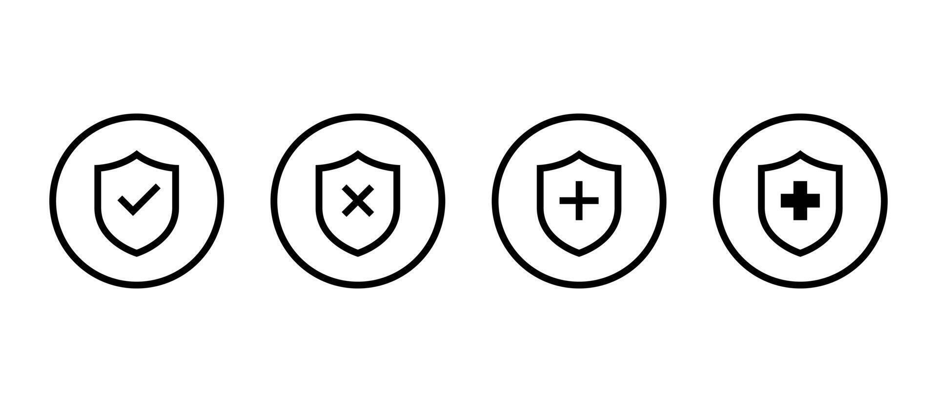 Safe, unsafe, and health badge icon on circle line. Shield with check mark, x cross and plus sign symbol vector