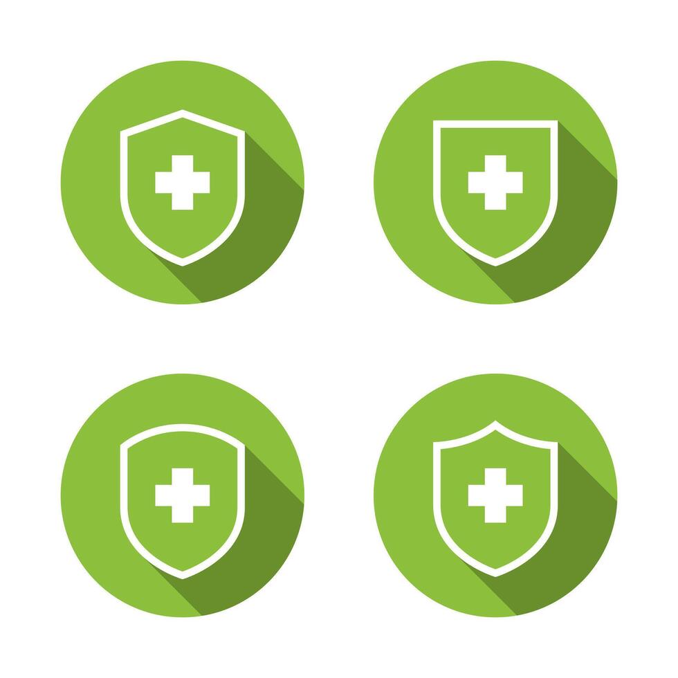 Healthy shield icon set with long shadow. Medical health badge sign symbol on green circle vector
