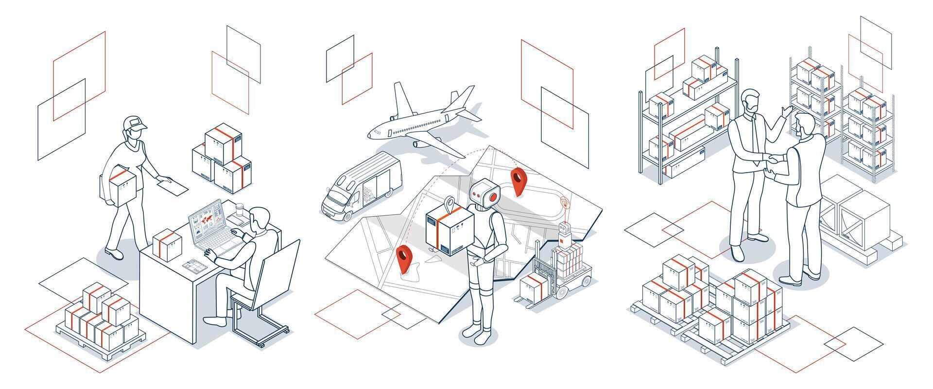 3D isometric scenes depicting multi modal export import operations with Delivery autonomous robots AMR, AGV in a modern warehouse with advanced logistics and supply chain management solutions. vector