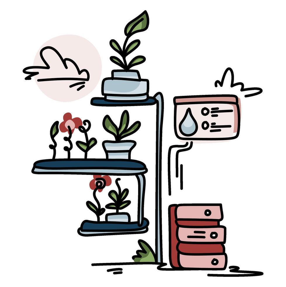 illustration of thriving vertical farm setup. Showcases efficient, local food production. Perfect for urban agriculture, sustainability projects vector