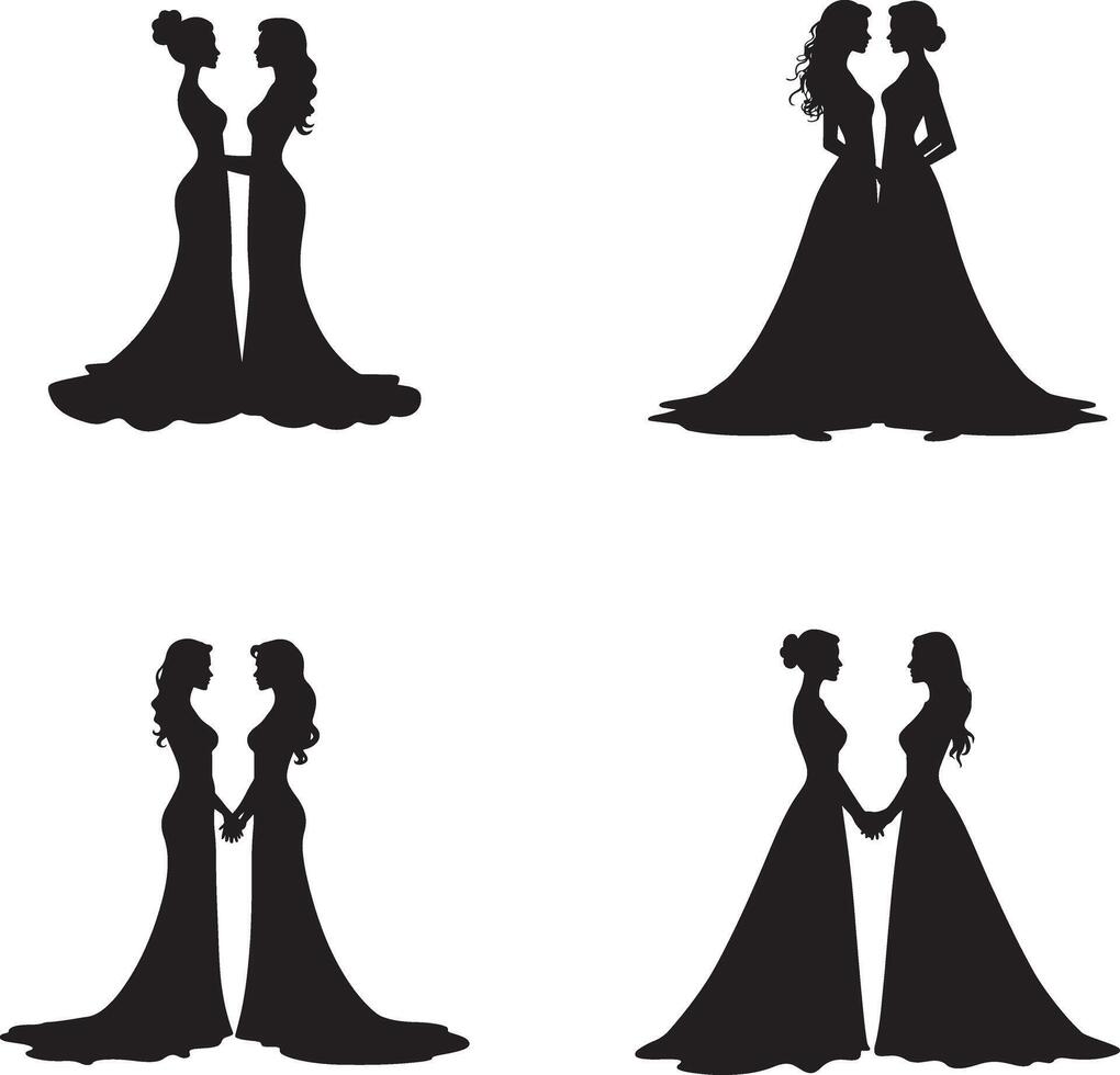 Set of two brides facing each other silhouette icon illustration isolated on white background vector