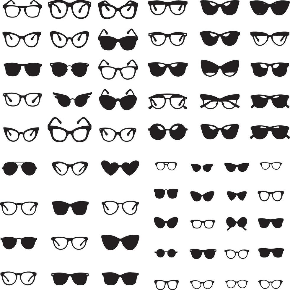 Sunglasses set collection, vintage styles, fashionable eyewear silhouettes, black sunglasses illustration with white background vector