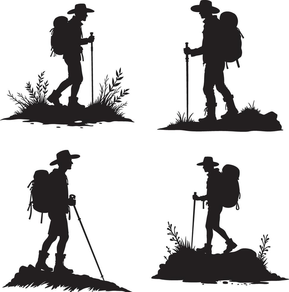Set of Hiker icon silhouette illustration isolate on white background vector