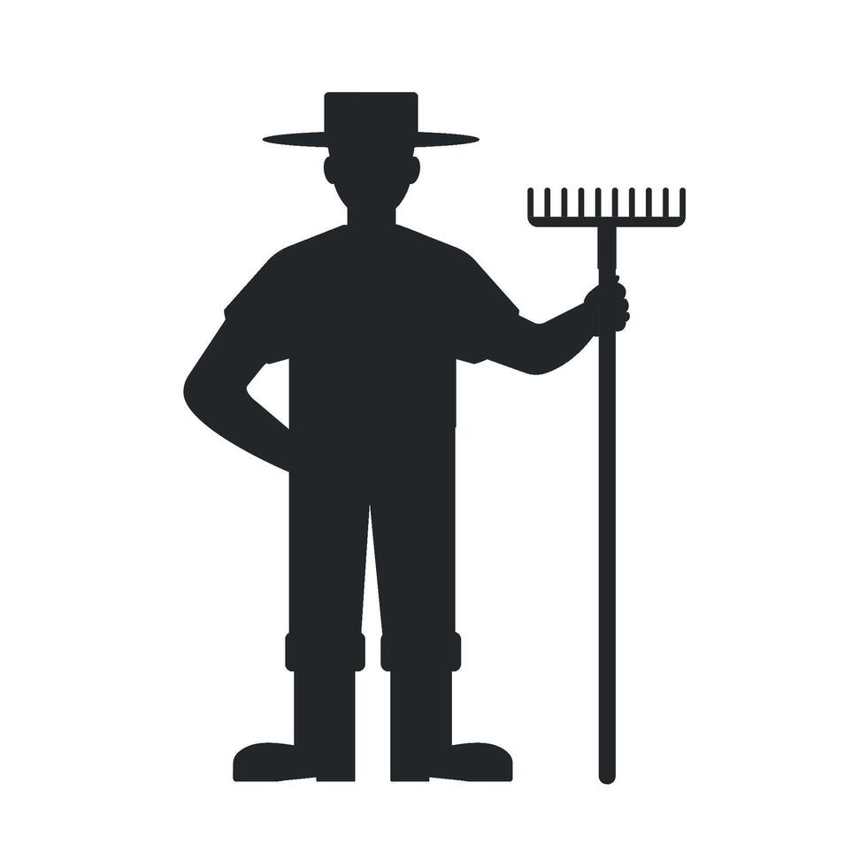 Farmer black silhouette icon with rake. Farming and gardening concept. Farm worker. vector