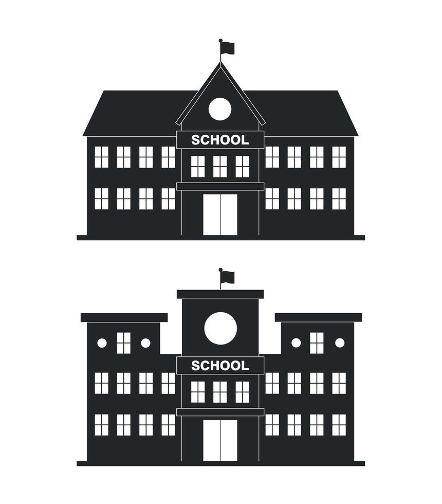 Set of black silhouette icons of school buildings with signs. Education, development concept. vector