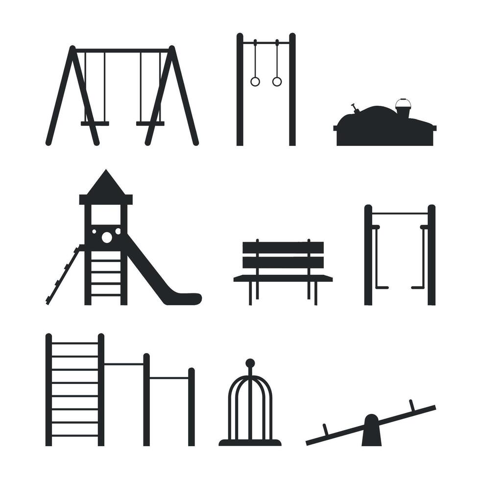 Set of icons of black silhouettes of playground elements. Slide, swing, sandbox, carousel and more. vector