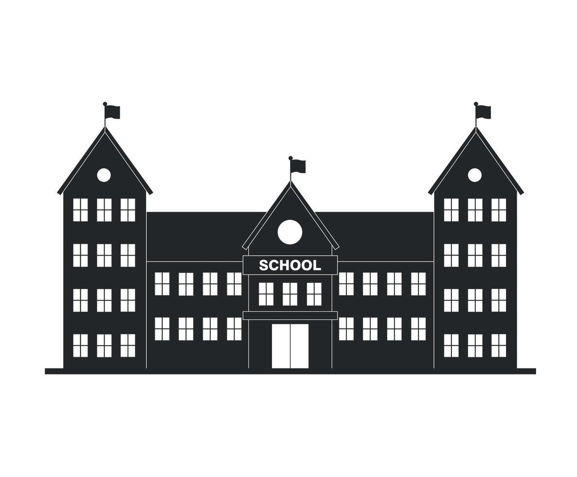 Black silhouette icon of multi-story school building with signboard on white background. vector