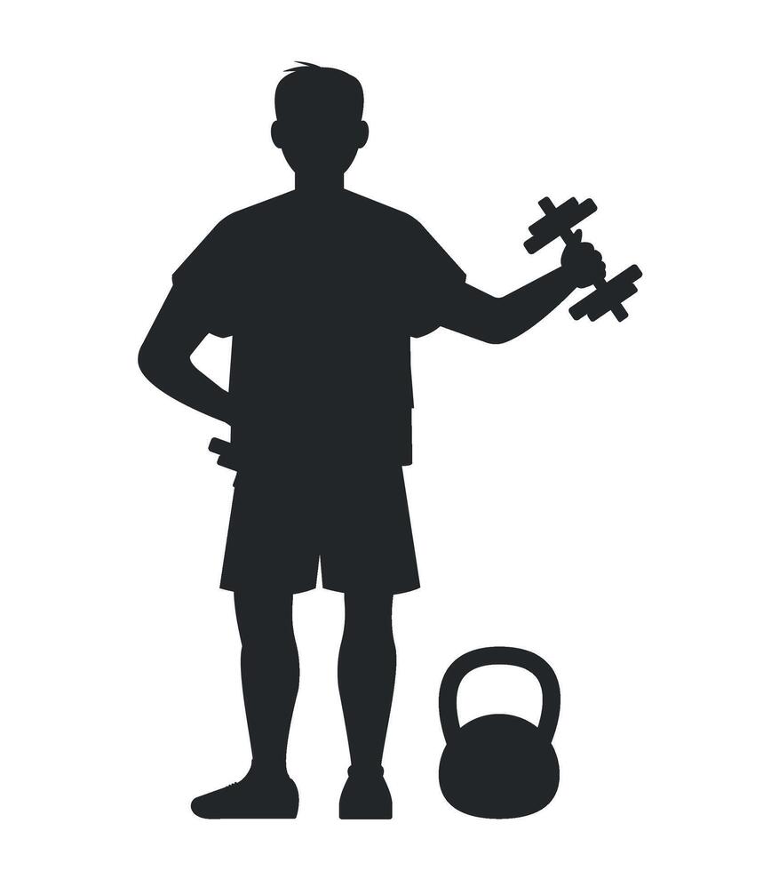 Black silhouette icon of a man with dumbbells on a white background. Healthy lifestyle concept. vector