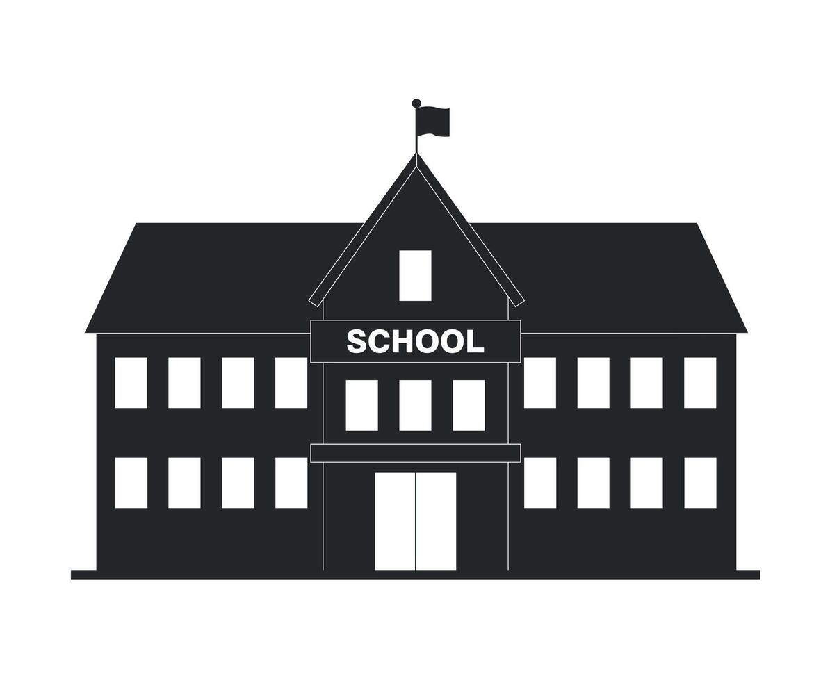 Black silhouette icon of two-story school building with sign. Elementary, middle, high school. vector