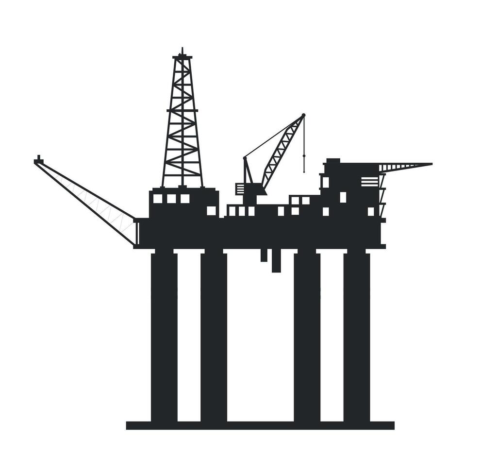 Black silhouette of oil platform on white background. Oil production. Industry. Commercial activity. vector
