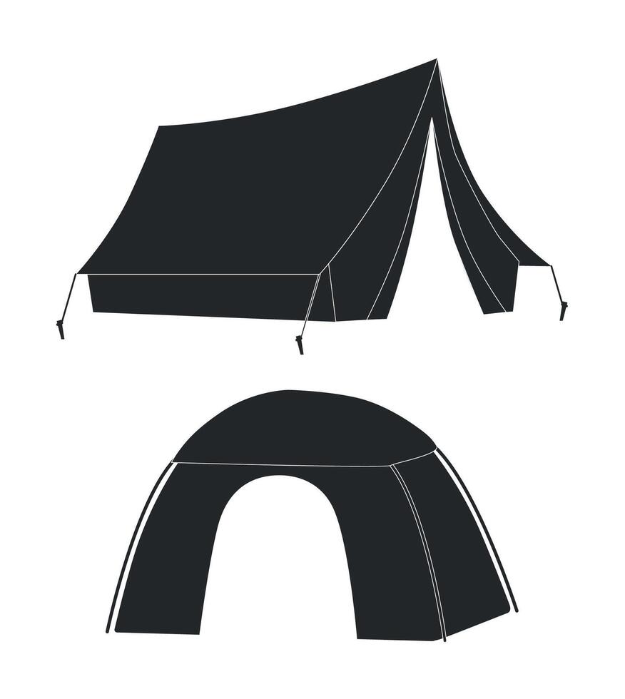 Set of black silhouette icons of camping tents on white background. Concept for camping. vector