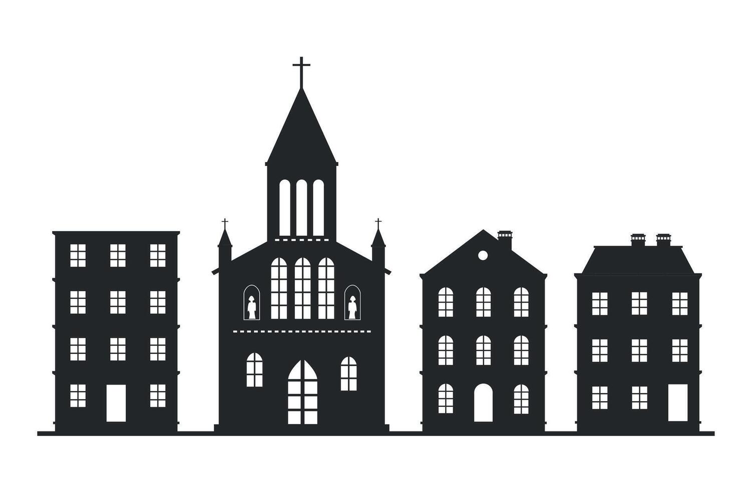 Icon of black silhouettes of buildings with church on white background. Architecture. vector