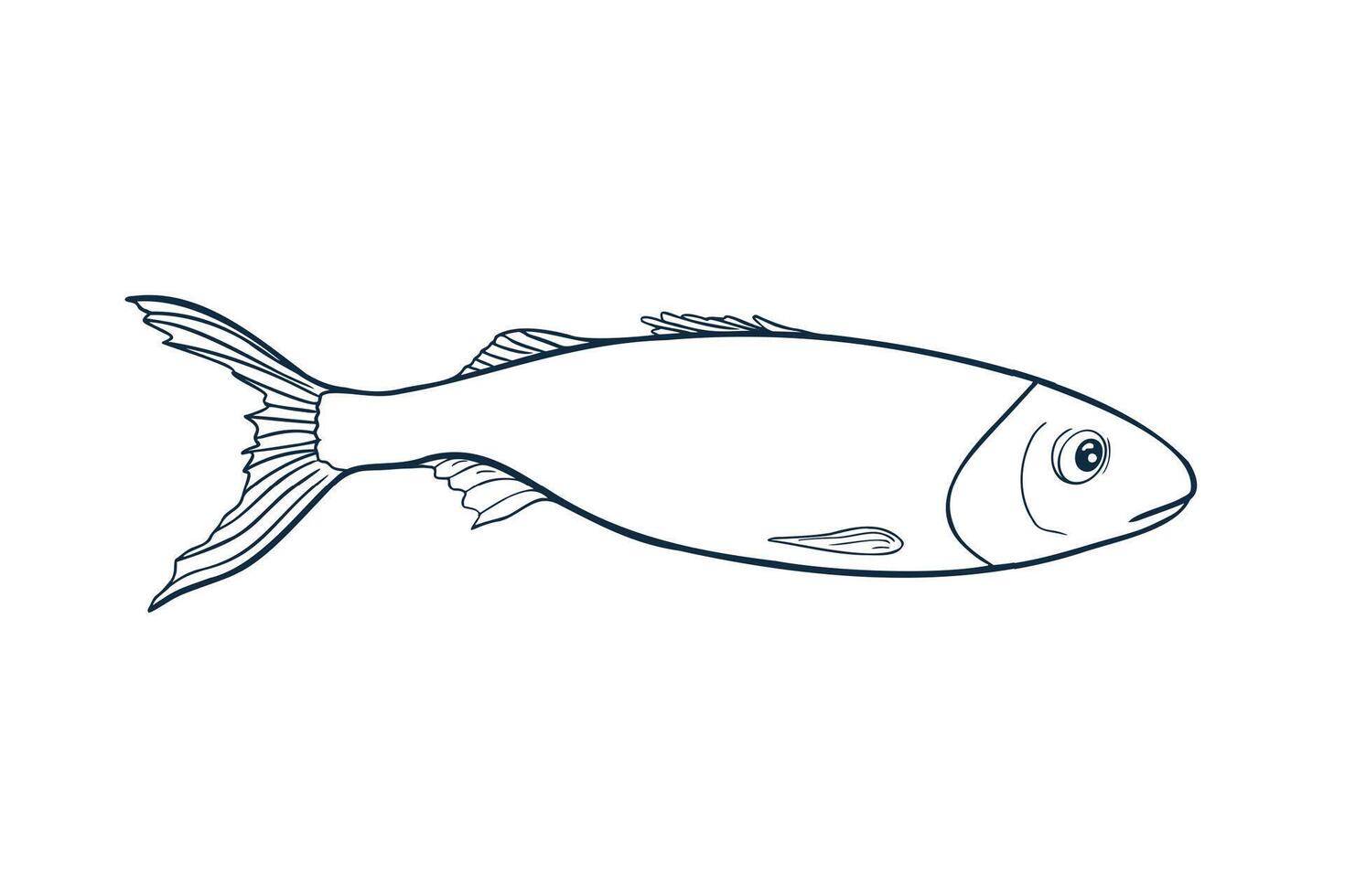 Sardine monochrome illustration hand drawn. Herring black white drawing for seafood logos, packaging. Minimalist fish silhouette line art. Simple anchovy contour linear style for prints. vector