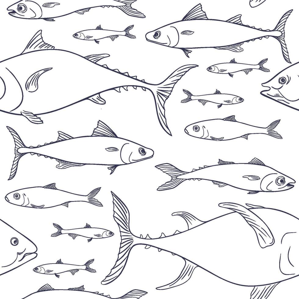 Variety sea fish black white seamless pattern. Sardine, anchovy outline hand drawn. Herring, mackerel drawing on repeat background. School of fishes graphic linear style for prints, paper. vector