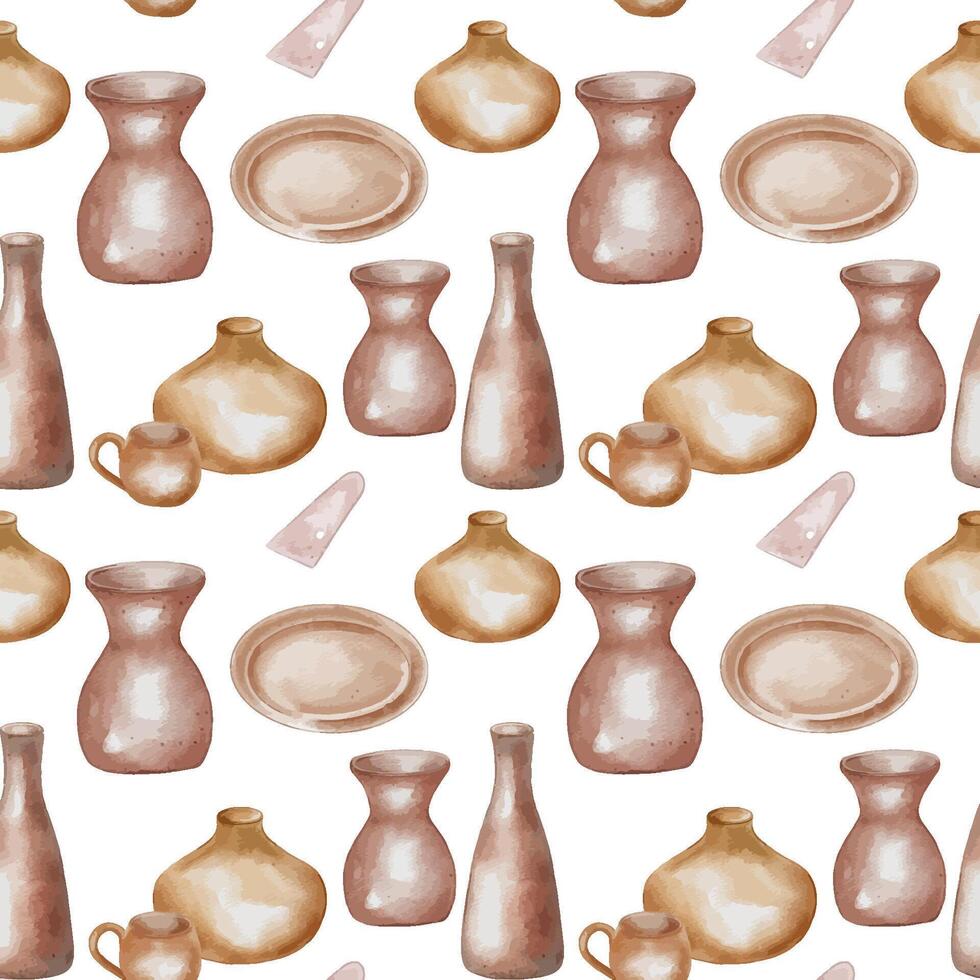 Various pottery different shape and size seamless pattern isolated. Clay dishes handcrafted in neutral tones watercolor print. Pattern with utensil handmade for design textile, package, paper. vector