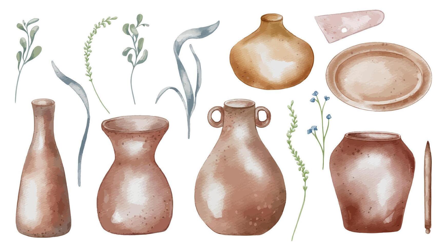 Set of clay dishes and plant stems hand drawn. Pottery vases and jugs with floral elements watercolor illustration isolated. Kitchen utensil handmade pottery art. Element for ceramics workshop vector