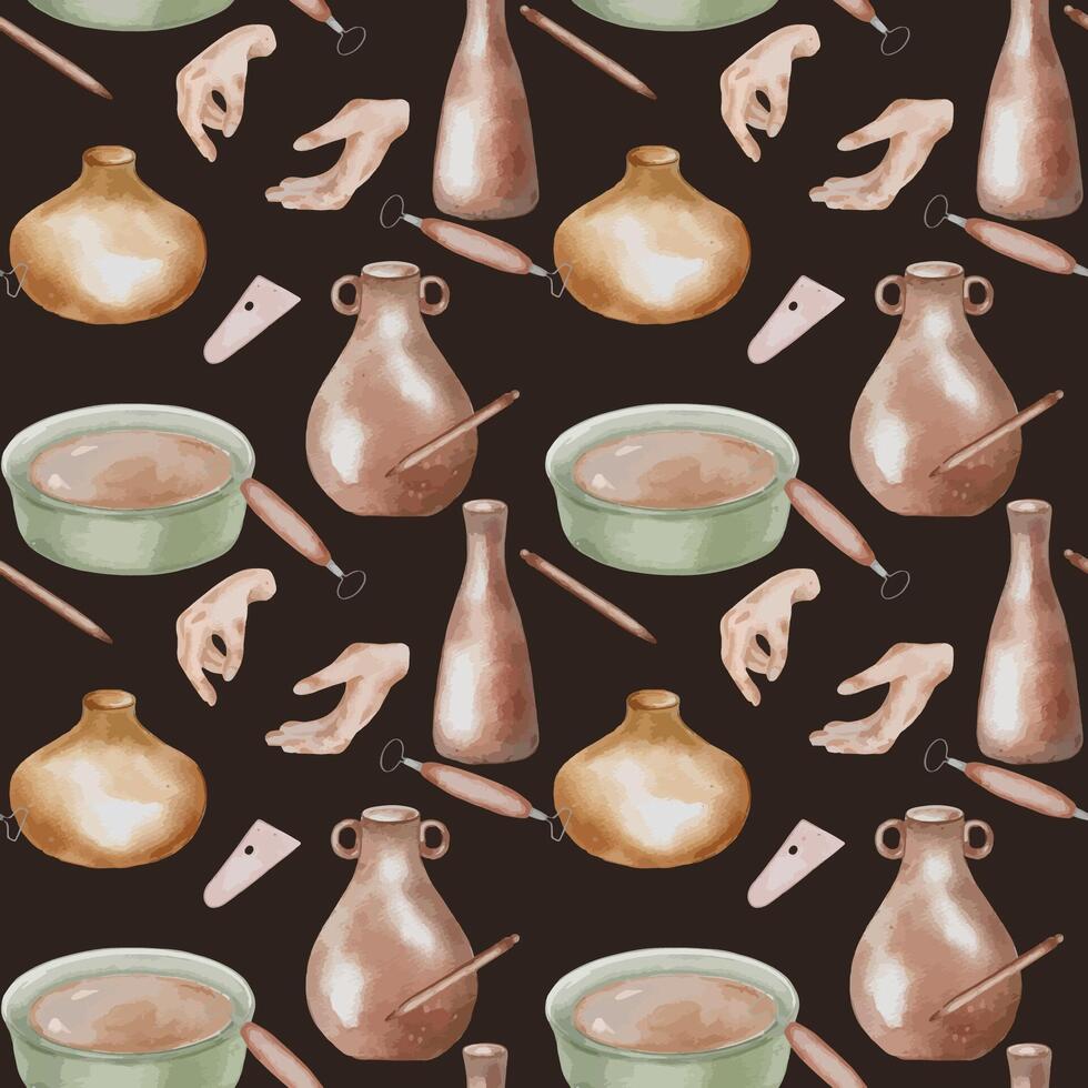 Women hands and pottery items in pastel tone hand drawn seamless pattern isolated. Two hands, jug and clay dishes watercolor endless print. Design pattern with pottery vase for textile, packaging. vector