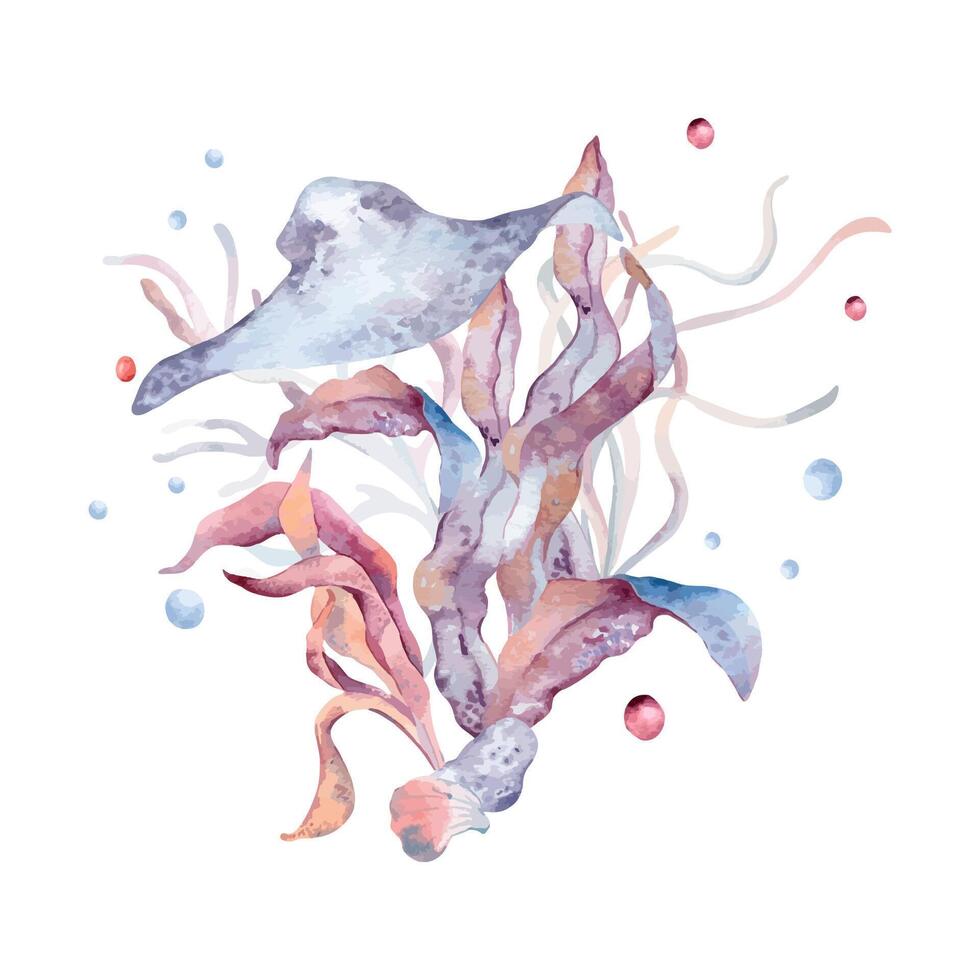 Drawing with underwater nature with seaweeds and stingray fish in watercolor. Aquatic life monochrome illustration painted in gradient of pink to blue. Colorful fantasy sea flora and animals. vector