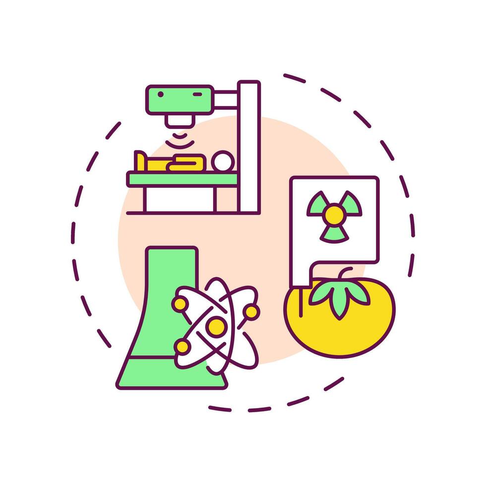 Nuclear technology multi color concept icon. Practical applications of radioactive processes and materials. Round shape line illustration. Abstract idea. Graphic design. Easy to use in booklet vector