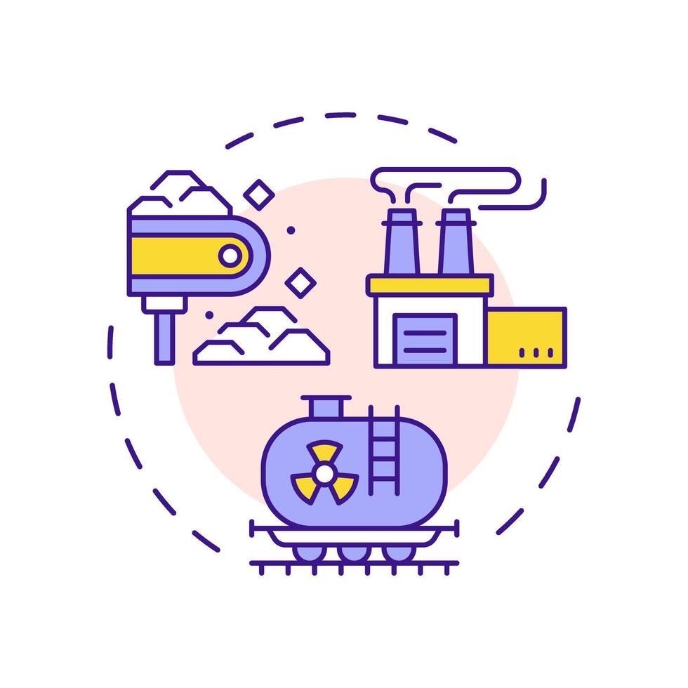 Uranium milling multi color concept icon. Crush, ground and treat with chemical agent. Nuclear fuel cycle. Round shape line illustration. Abstract idea. Graphic design. Easy to use in article vector