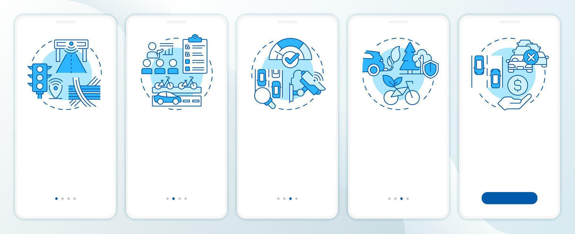 Traffic management pillars blue onboarding mobile app screen. Walkthrough 5 steps editable graphic instructions with linear concepts. UI, UX, GUI template vector