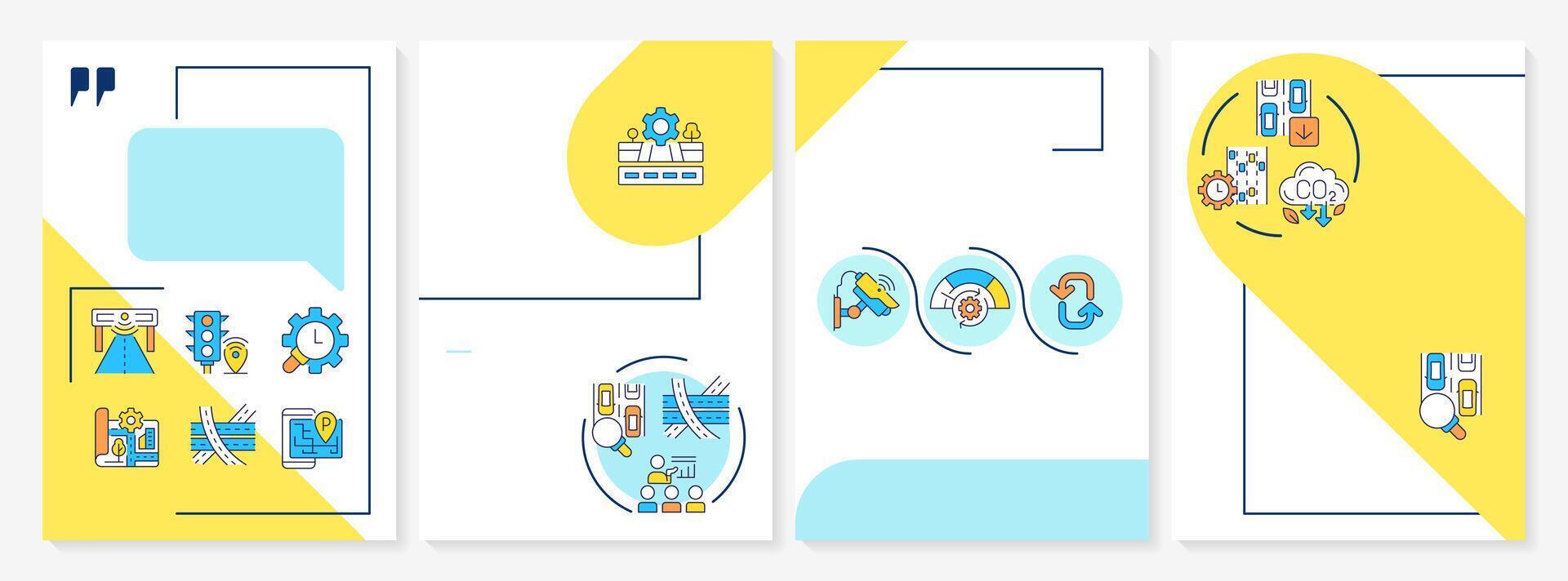 Traffic management blue and yellow brochure template. System and engineering of transport roads. Leaflet design with linear icons. Editable 4 layouts vector