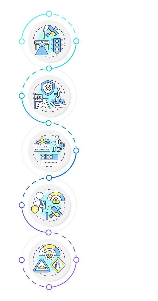 Safety and regulation infographic vertical sequence. Traffic management goals. Road control. Visualization infochart with 5 steps. Circles workflow vector