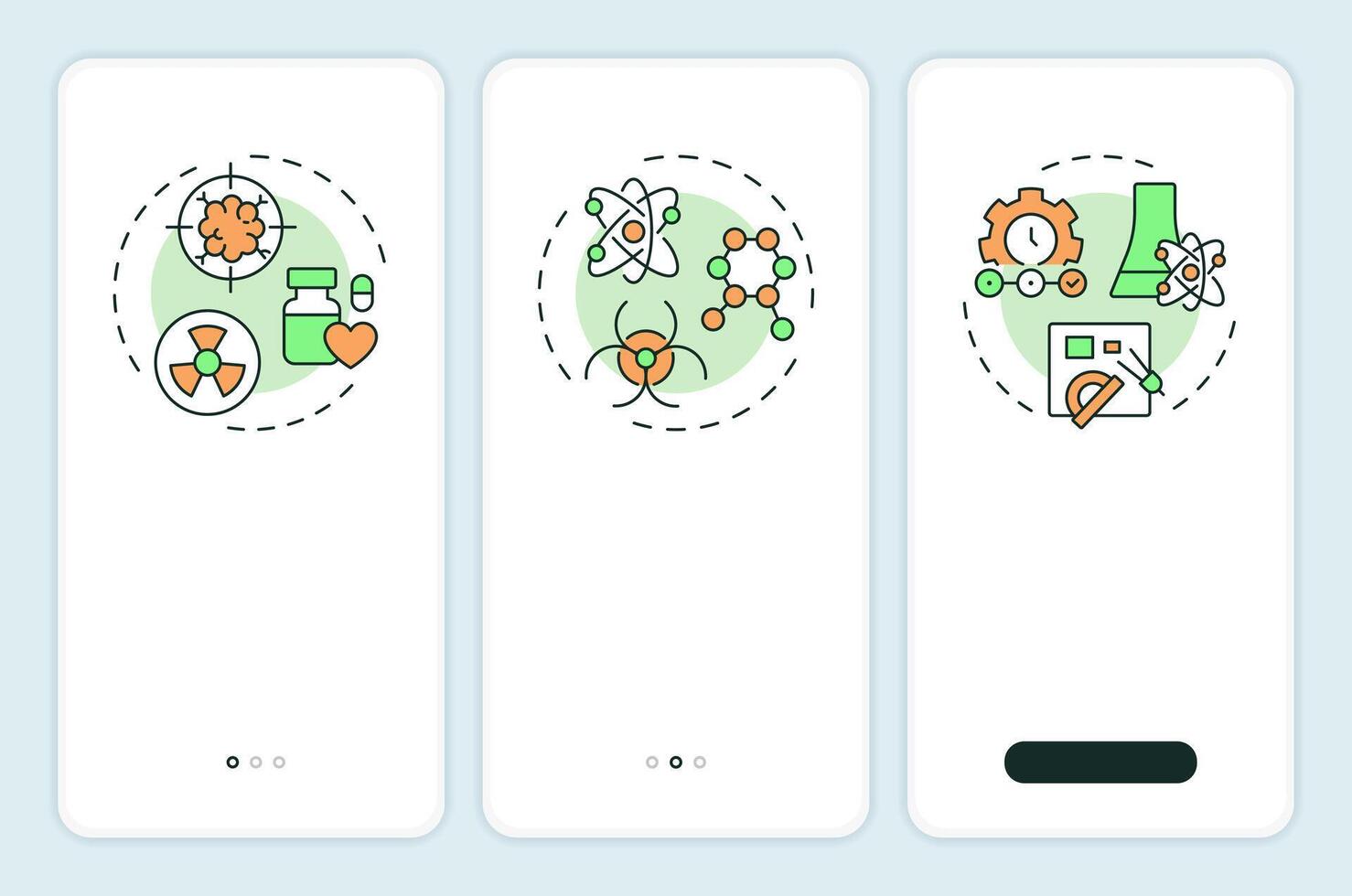 Nuclear sciences onboarding mobile app screen. Studying radiation. Walkthrough 3 steps editable graphic instructions with linear concepts. UI, UX, GUI template vector