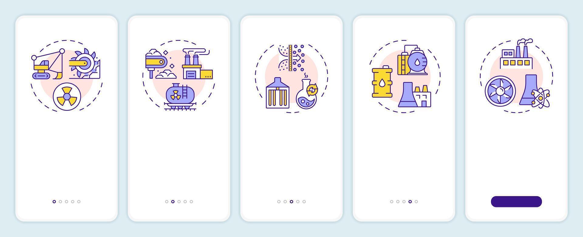 Nuclear fuel cycle onboarding mobile app screen. Power generation. Walkthrough 5 steps editable graphic instructions with linear concepts. UI, UX, GUI template vector