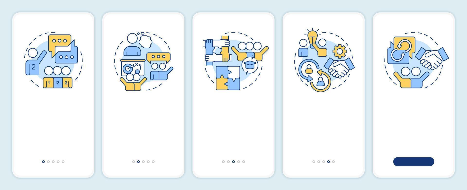 Cooperative learning structures onboarding mobile app screen. Walkthrough 5 steps editable graphic instructions with linear concepts. UI, UX, GUI template vector