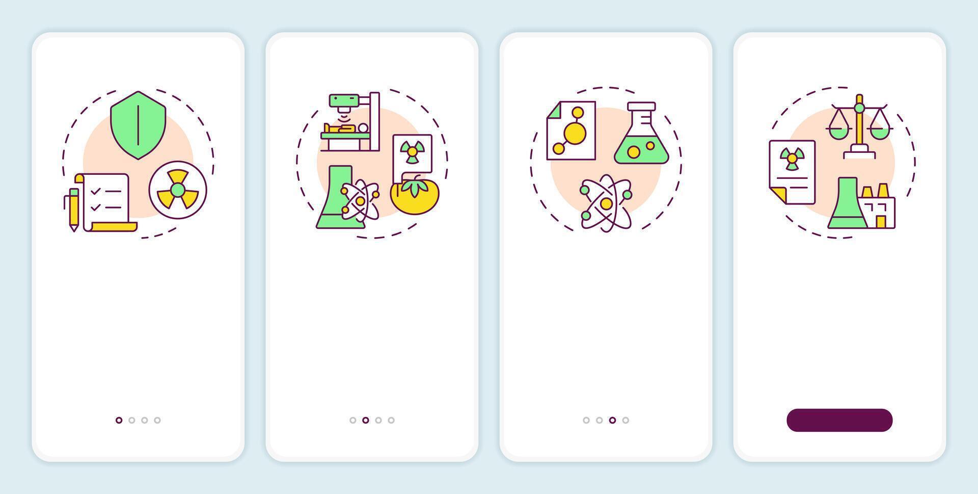 Nuclear applications onboarding mobile app screen. Radiation. Walkthrough 4 steps editable graphic instructions with linear concepts. UI, UX, GUI template vector