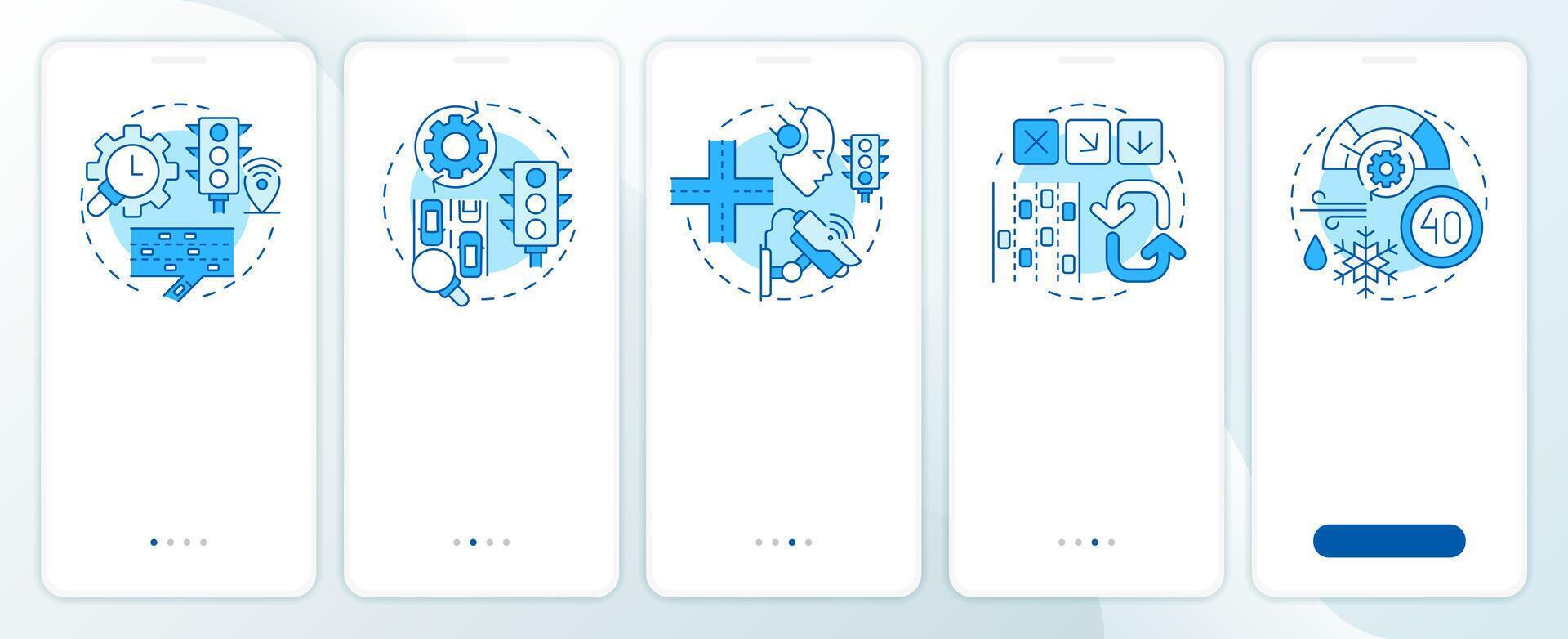 Traffic management strategies blue onboarding mobile app screen. Walkthrough 5 steps editable graphic instructions with linear concepts. UI, UX, GUI template vector