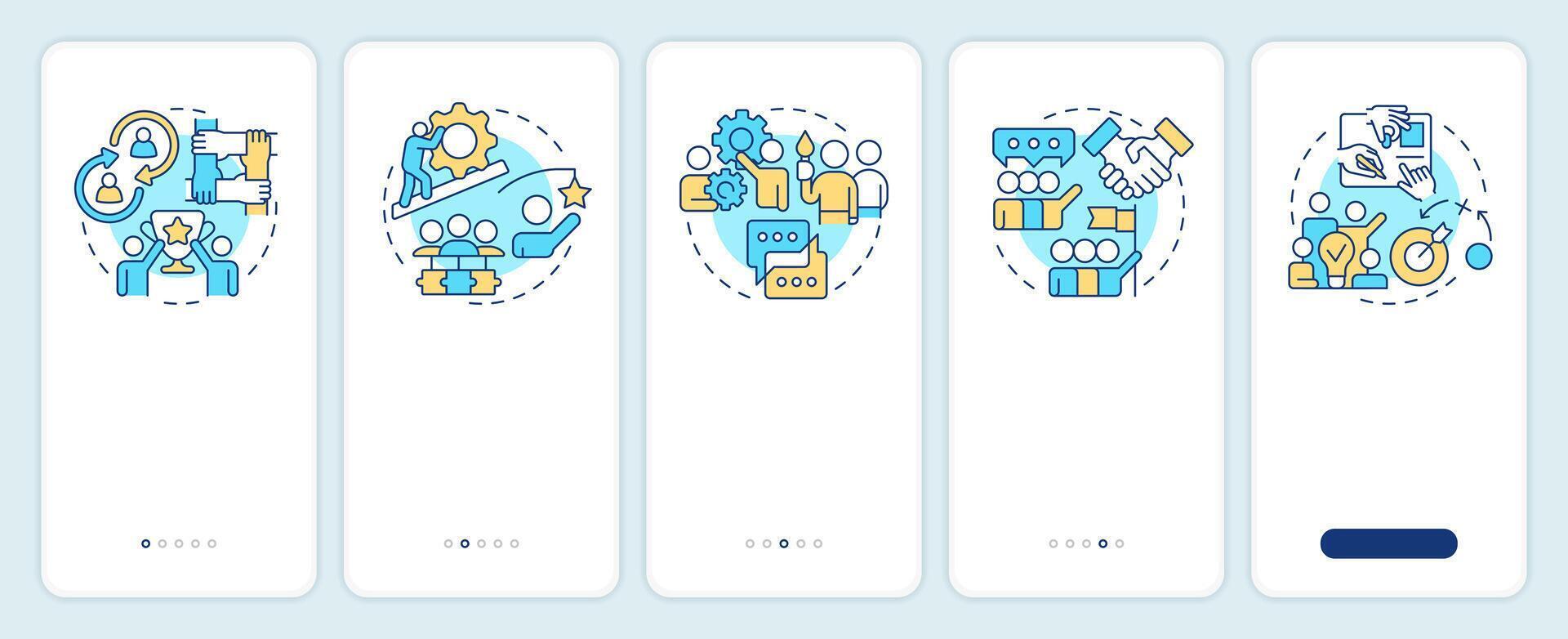 Cooperative learning elements onboarding mobile app screen. Walkthrough 5 steps editable graphic instructions with linear concepts. UI, UX, GUI template vector