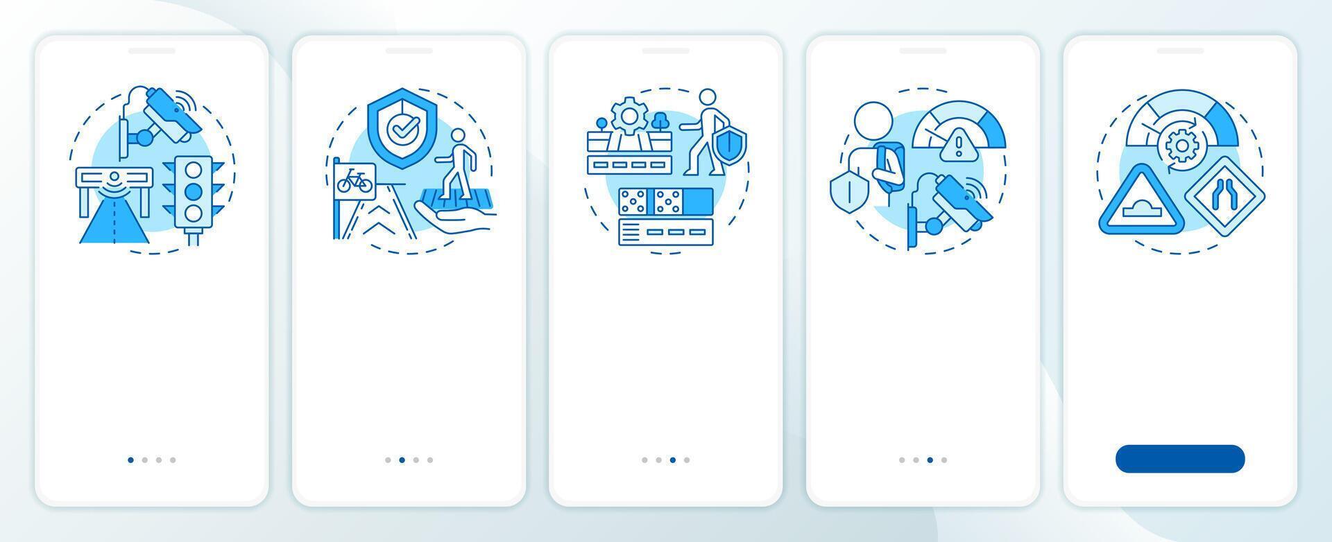 Safety and regulation blue onboarding mobile app screen. Traffic. Walkthrough 5 steps editable graphic instructions with linear concepts. UI, UX, GUI template vector